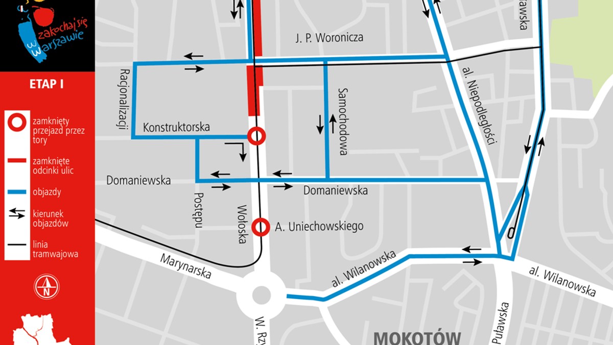 Dziś rozpoczyna się przebudowa przejazdów przez tory na skrzyżowaniach z ulicami Konstruktorską i Uniechowskiego na Mokotowie. Ekipy Tramwajów Warszawskich chcą wykorzystać przerwę w kursowaniu składów na ul. Wołoskiej i wyremontują torowisko aż do ul. Marynarskiej. To oznacza spore zmiany w ruchu.