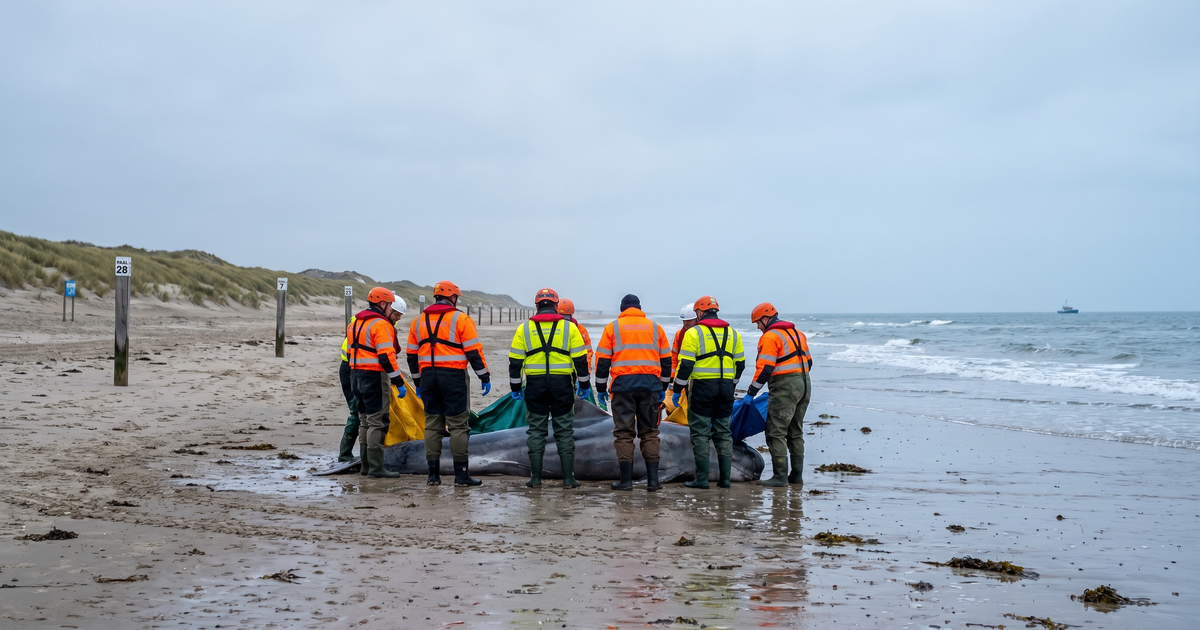 Een levende witsnuitdolfijn is aangespoeld op het strand van Egmond aan Zee