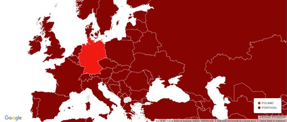 Popularność wyszukiwań fraz "Polska" i "Portugalia" w krajach Europy