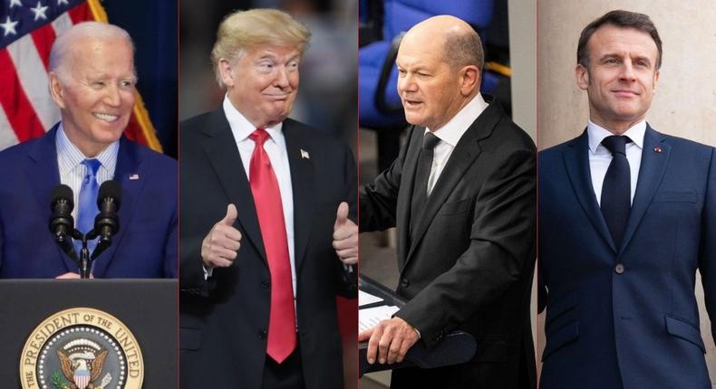 U.S. President Joe Biden, former President Donald Trump, German Chancellor Olaf Scholz and France President Emmanuel Macron