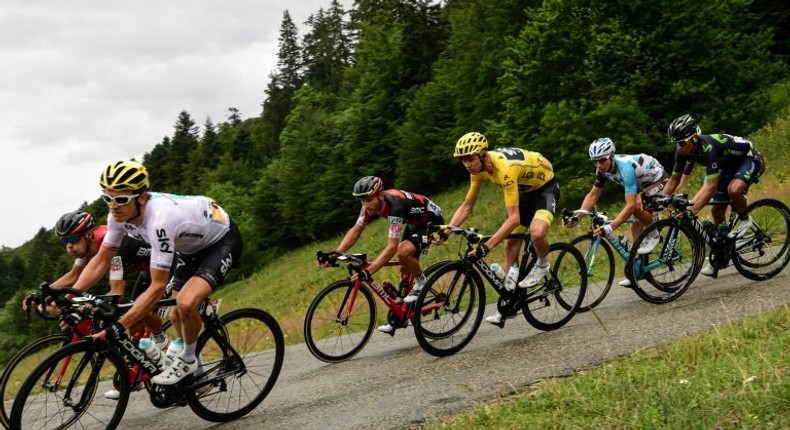 (From L) Richie Porte, Geraint Thomas, Danilo Wyss, Christopher Froome, Cyril Gautier and Nairo Quintana tackle the contentious ninth stage of the Tour de France