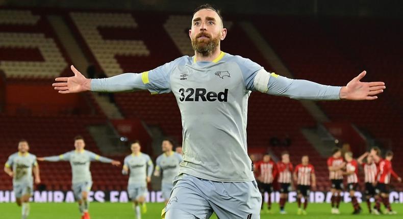 Derby's Richard Keogh celebrates after scoring the winning penalty against Southampton