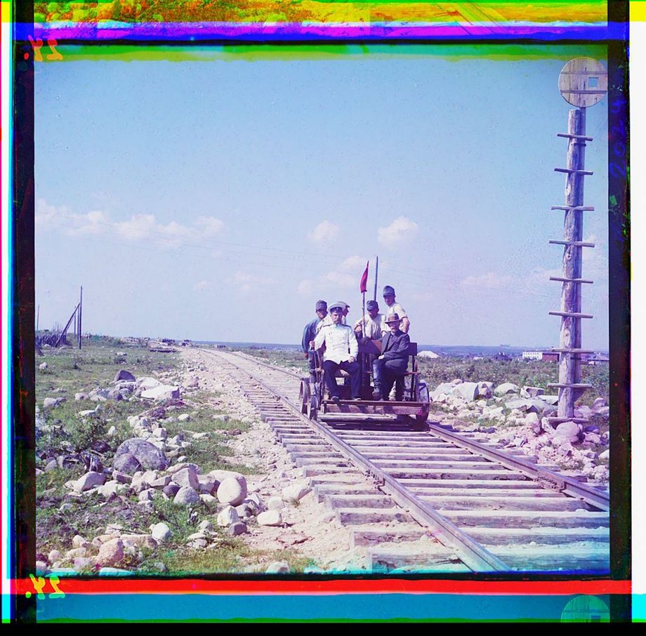 Workers on the handcar outside Petrozavodsk on the Murmansk railway.