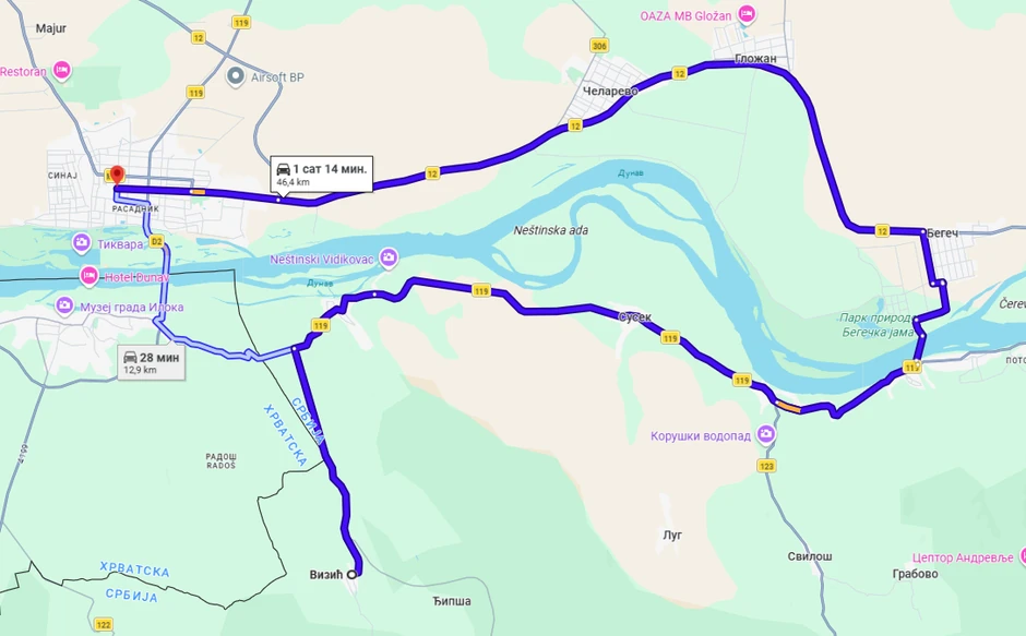 Duža ruta iz Vizića, preko Neština i skele na dunavu do Bačke Palanke