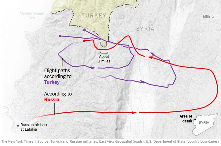 Dwie wersje zdarzeń - wg Rosji (czerwona trasa) i Turcji (fioletowa trasa)