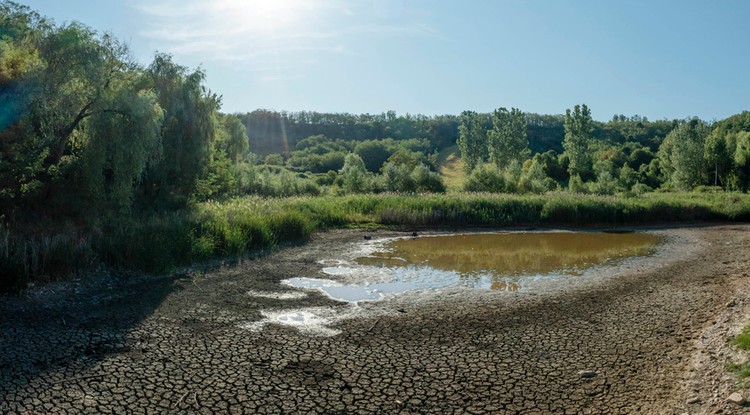 A drónnal készített, több fotóból, számítógépes programmal összeállított panorámaképen a kiszáradóban lévő Halda-tó Bátonyterenyén 2022. július 20-án.