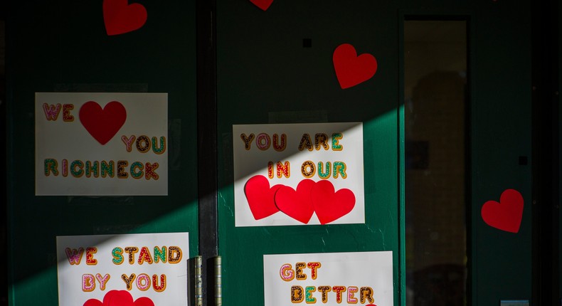 Messages of support for teacher Abigail Zwerner, who was shot by a 6-year-old student, grace the front door of Richneck Elementary School Newport News, Va., on Jan. 9, 2023.AP Photo/John C. Clark, File