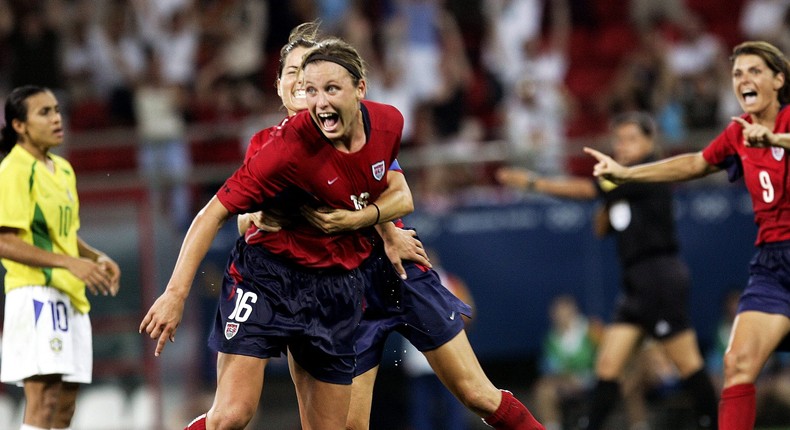 Abby Wambach scored the game-winning goal against Brazil in overtime to win the gold medal at the 2004 Olympics in Athens.Ron Antonelli/NY Daily News Archive via Getty Images