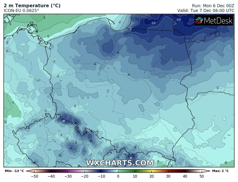 Wtorkowy poranek wszędzie będzie mroźny