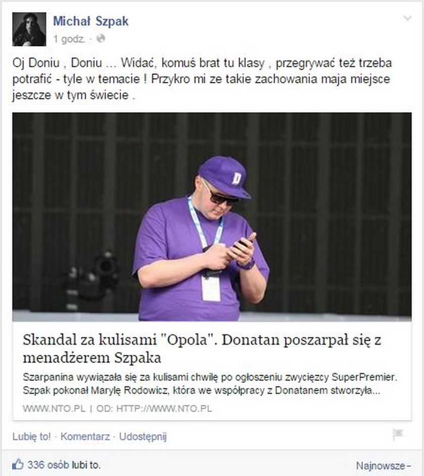 Michał Szpak komentuje bijatykę z Donatanem w Opolu