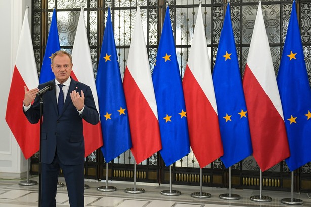 Warszawa, 10.04.2024. Premier Donald Tusk na konferencji prasowej w Sejmie w Warszawie