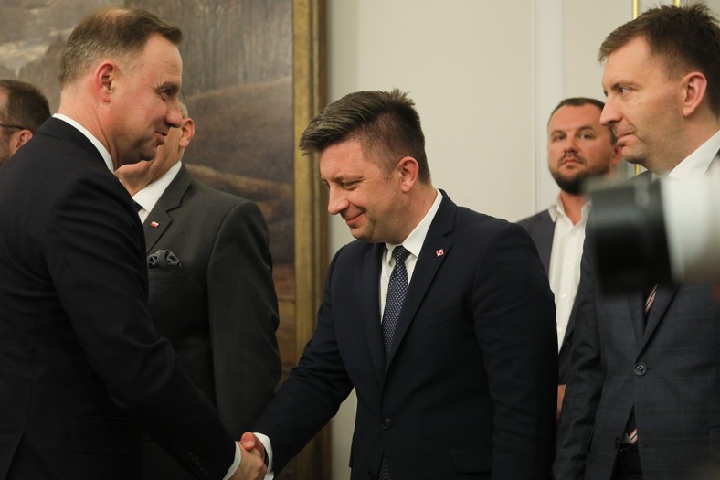 Prezydent RP Andrzej Duda, były szef KPRM Michał Dworczyk i minister-członek Rady Ministrów Łukasz Schreiber. Warszawa, 12.10.2022.