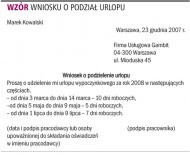 Wzór wniosku o podział urlopu
