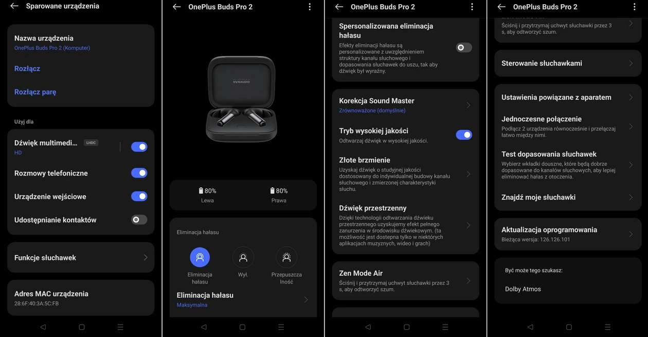 Podstawowe ekrany ustawień słuchawek OnePlus Buds Pro 2