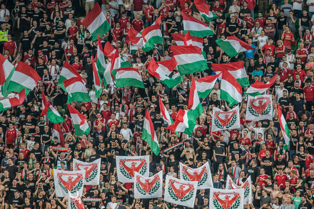 Kibice reprezentacji Węgier w trakcie meczu eliminacyjnego do Euro 2020 Węgry-Walia w czerwcu 2019 r.