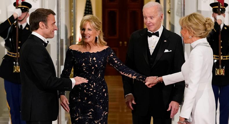 President Joe Biden and first lady Jill Biden greet French President Emmanuel Macron and his wife Brigitte Macron for a State Dinner at the White House, Thursday, December 1, 2022.AP Photo/Patrick Semansky