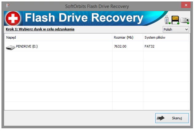 Główne okno programu do odzyskiwania danych z pamięci flash - SoftOrbits Flash Drive Recovery