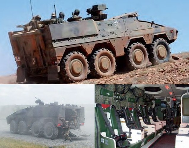 Pojazd opancerzony BOXER w wersji „Armoured Personnel Carrier”. BOXER w wariancie APC służy do transportowania małych grup jednostek bojowych wyposażonych w Indywidualny System Walk. Pojazd w wersji APC zapewnia interfejsy dla każdego żołnierza do aktualizowania informacji taktycznych i nawigacji w terenie. Transporter posiada także gniazdka elektryczne do ładowania osobistego sprzętu elektronicznego żołnierzy. Załogę tworzą: kierowca, dowódca i strzelec. Dodatkowo na pokład może wejść maksymalnie 8 żołnierzy.<br><br> fot. ARTEC GmbH