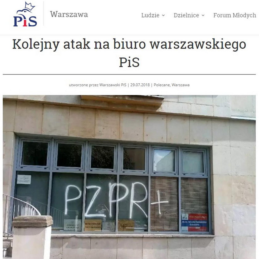 Warszawa. Kolejny atak na biuro PiS
