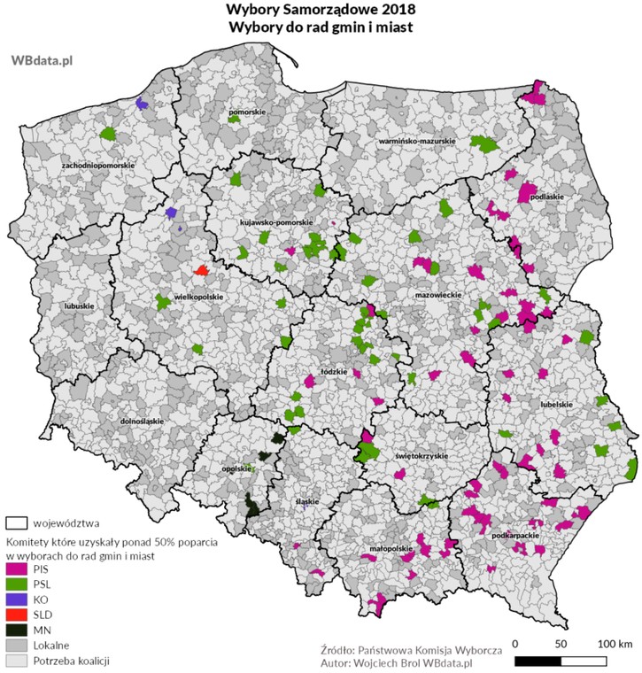 Mapa przedstawia wyniki wyborów do rad gmin i miast, w których komitety zdobyły ponad 50 proc. głosów