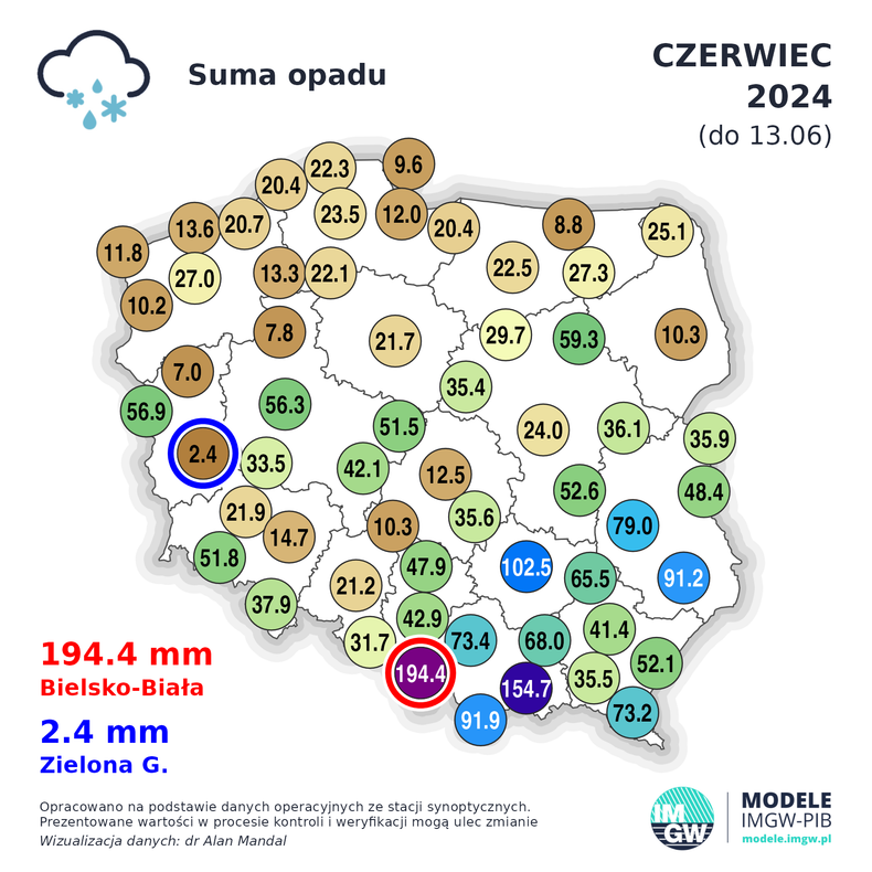 Czerwiec przynosi bardzo zróżnicowane sumy opadów