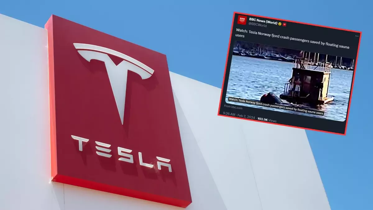 Samochód marki Tesla wpadł do fiordu w Norwegii (screen: twitter.com/BBCWorld)