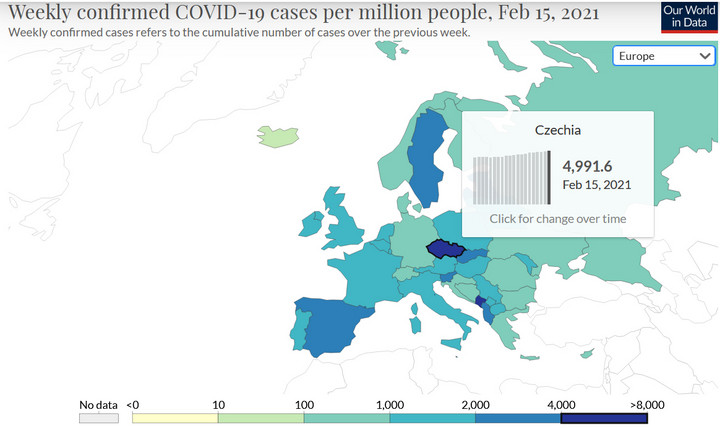 COVID-19 w Czechach. Liczba zakażeń w przedziale tygodniowym 