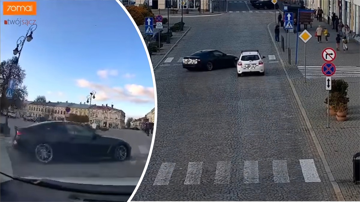 Drift na rynku w Nowym Sączu: BMW potrąciło pieszego i omal nie wjechało w tłum