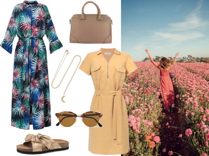 STYLIZACJE modne i wygodne: sukienka w tropikalny wzór - Cotton Club/ cottonclub.pl, żółta szmizjerka - Modern Line/ modernline.pl, buty - Caprice/caprice.pl, torebka - Menbur/menbur.pl, pozostałe dodatki - TK MAXX