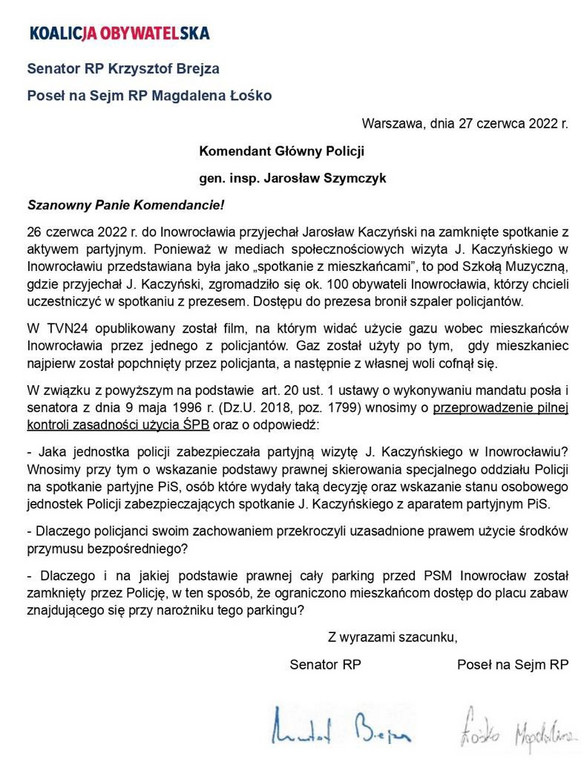 Pismo parlamentarzystów z Inowrocławia