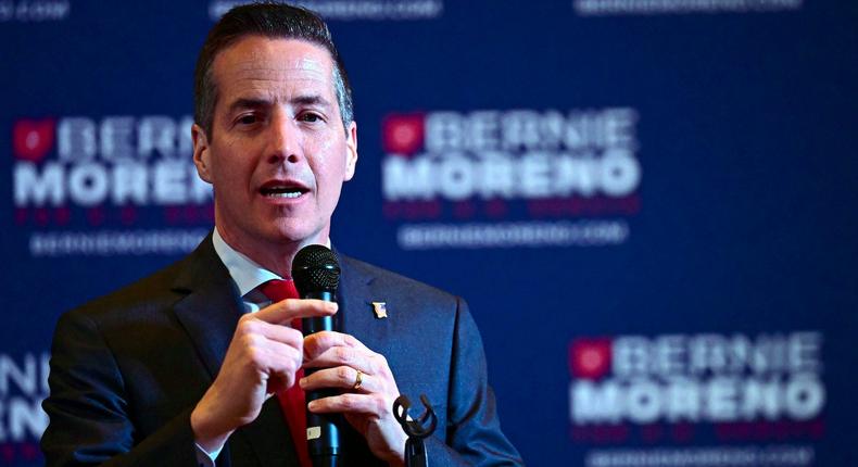 Bernie Moreno speaking to supporters during his primary election night watch party in Westlake, Ohio earlier this month.AP Photo/David Dermer