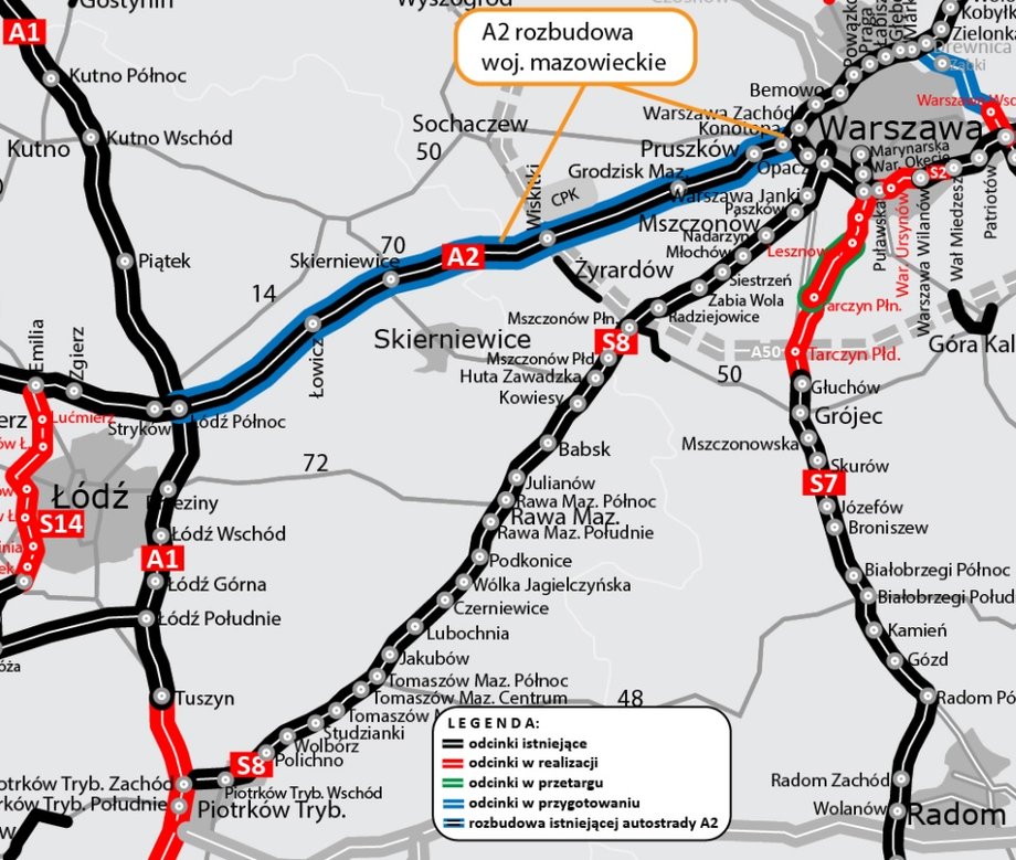 Mapa autostrad w Polsce z zaznaczonym fragmentem A2, który ma być poszerzony