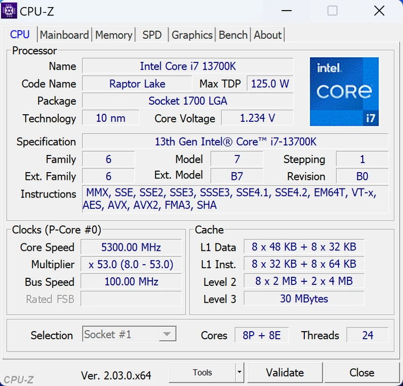Intel Core i7-13700K – CPU-Z – specyfikacja procesora