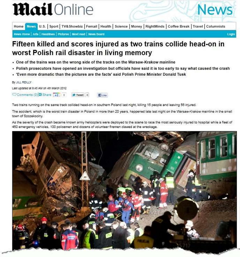 Świat o katastrofie pociągów pod Zawierciem
