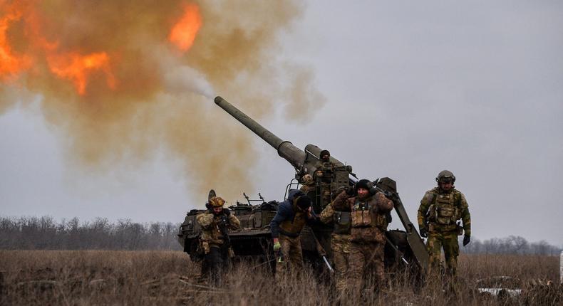 Ukrainian artillery teams fire toward Russian positions in Bakhmut.Madeleine Kelly/Getty Images