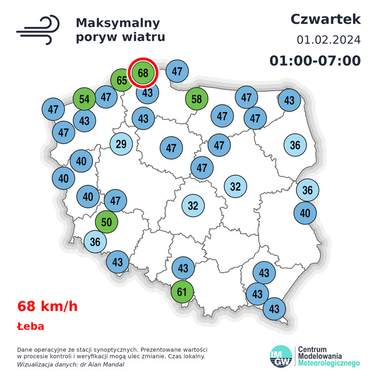 Maksymalne porywy wiatru w Polsce ostatniej nocy