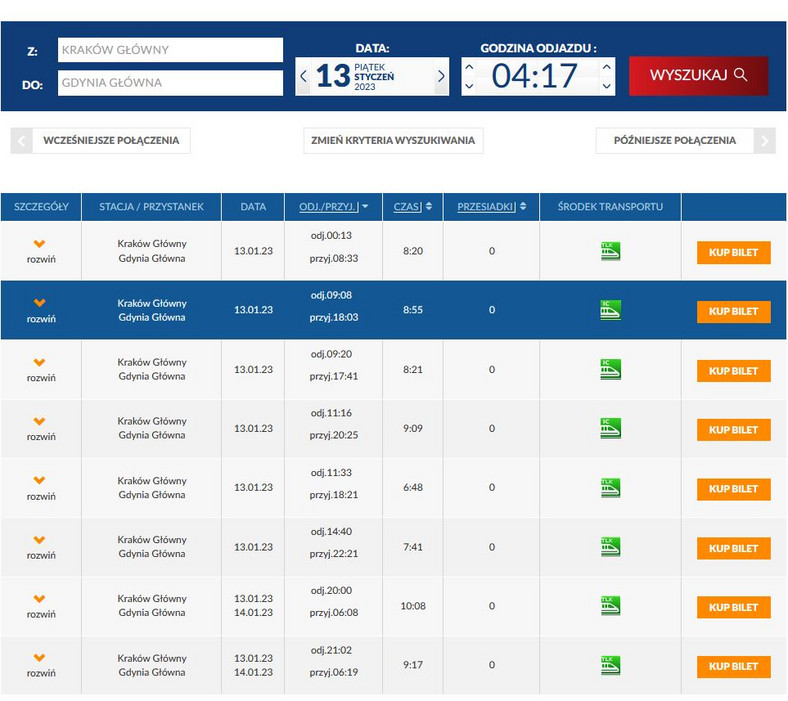 Odjazdy pociągów TLK z Krakowa do Gdyni