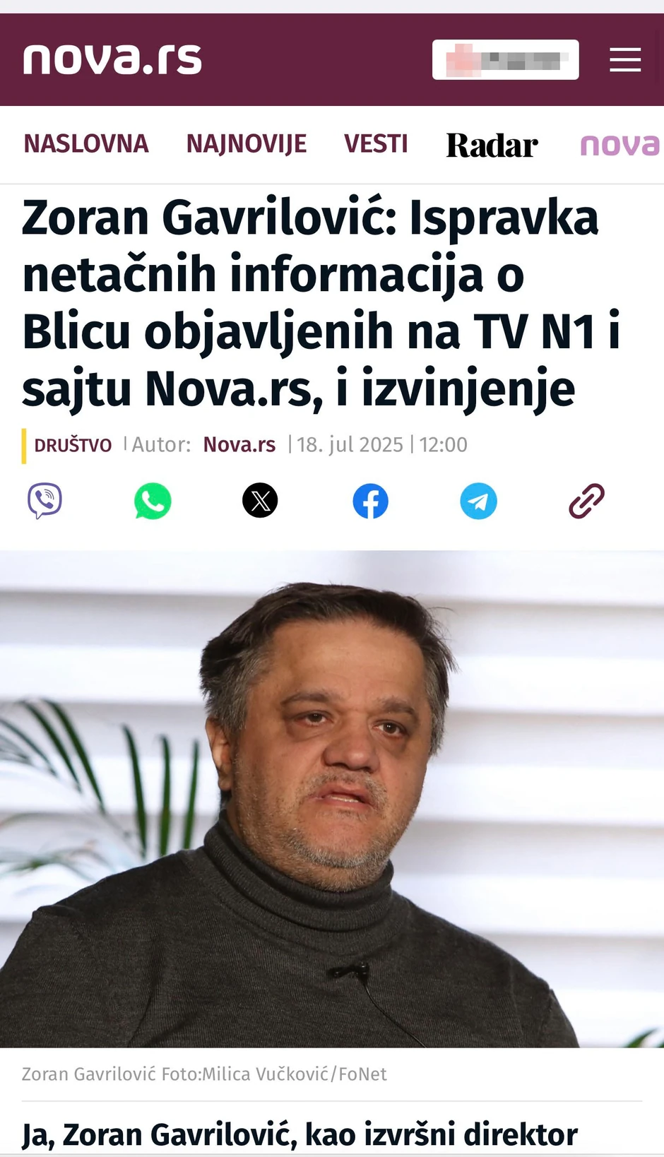 Ispravke lažne vesti o Blicu na portalu Nova