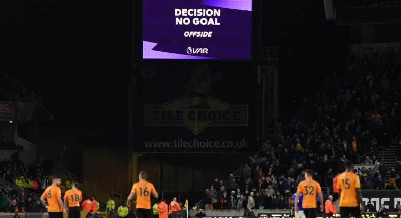 The scoreboard displays the decision disallowing a goal for Wolves against Leicester