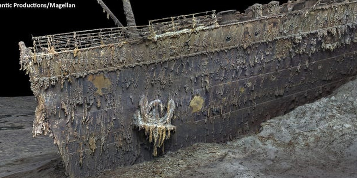 Jaśniejszy obraz ze skanu 3D Titanica, ukazujący dziób statku