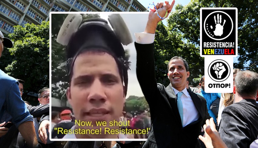 Gvaido tokom nemira na protestu 2014. i logo opozicije u Venecueli