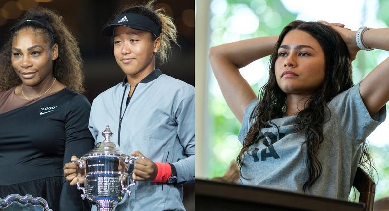 Serena Williams and Naomi Osaka, left, at the 2018 US Open. Zendaya, right, as Tashi Duncan in Challengers.Tim Clayton/Corbis via Getty Images;  Niko Tavernise/Metro-Goldwyn-Mayer Pictures
