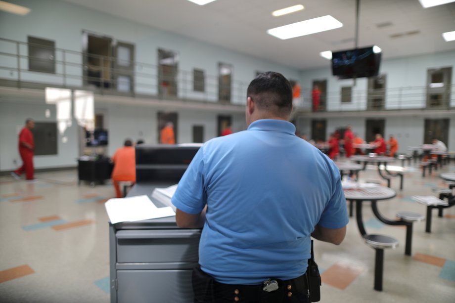 A communal area is seen at the immigration detention center in Adelanto, California.