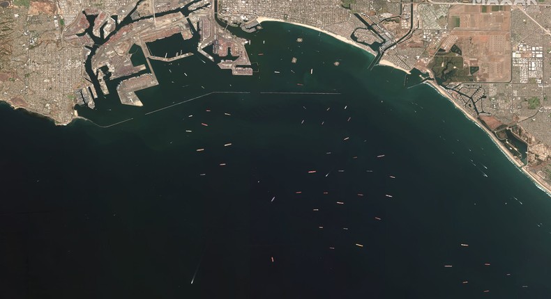 An overview of the shipping backlog off the coast of Long Beach, California.