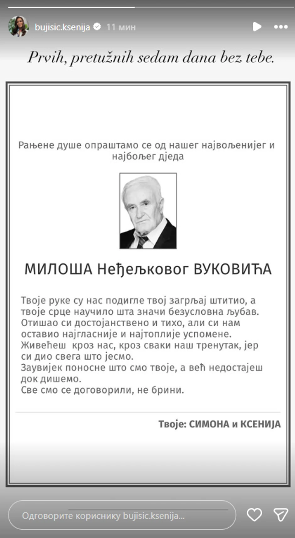 Ksenija Bujišić dala umrlicu dedi