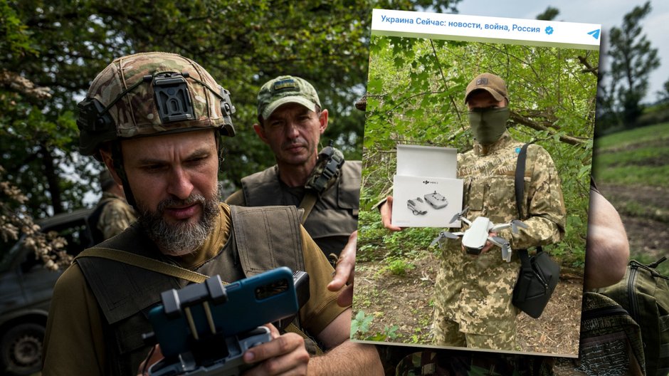 Żołnierz trzymający w rękach drona zakupionego z pieniędzy zebranych w ramach zbiórki. W tle Ukraińcy podczas szkolenia z obsługi dronów