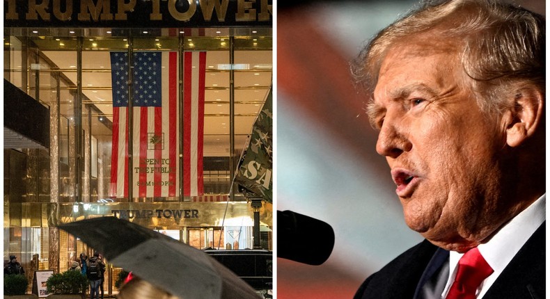 The exterior of Trump Tower in Manhattan, where the Trump Organization headquarters occupies the 25th and 26th floors, left. Donald Trump speaking at a rally in Dayton, Ohio, on Nov. 7, 2022, right.David Dee Delgado/Reuters, left; Gaelen Morse/Reuters, right.