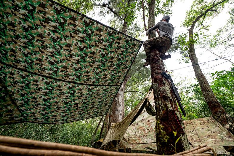 An Air Force pararescueman climbs a tree to secure a tarp over a campsite in the jungle of Wahiawa, March 29, 2022.