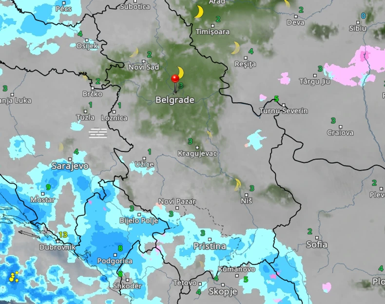 Kretanje kiše u Srbiji u 23 časa