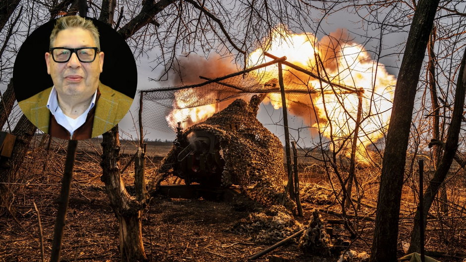 Ukraińska artyleria ostrzeliwuje rosyjskie pozycje w okolicach Awdijiwki, 13 marca 2024 r. W kółku: Jamie Dettmer, dziennikarz Politico